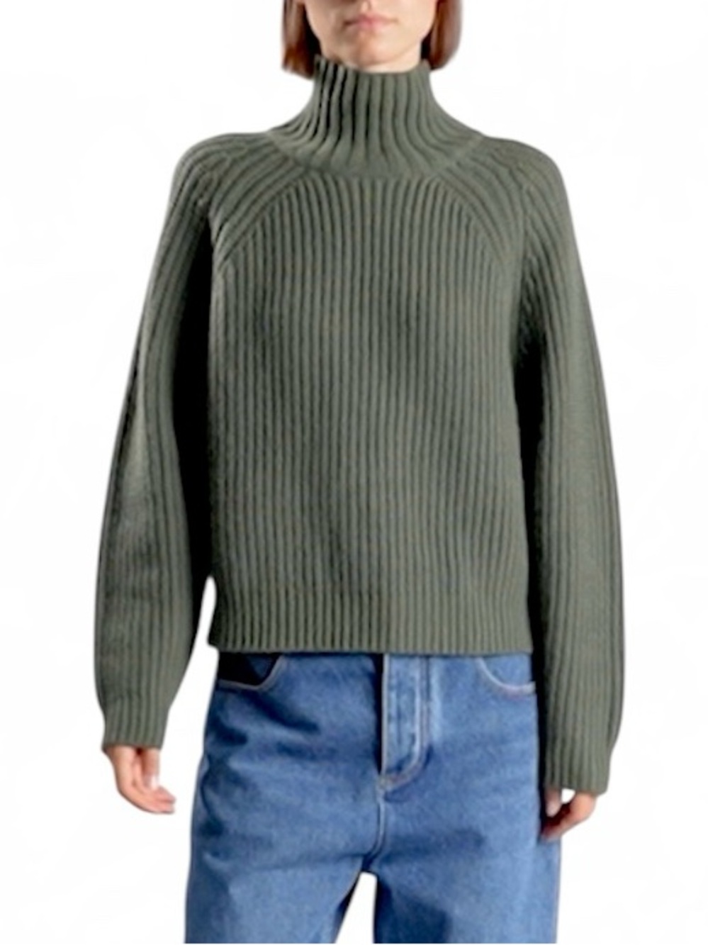 ALLUDE Cashmere Turtleneck Sweater Olive Green Chunky Ribbed Knit Size Small